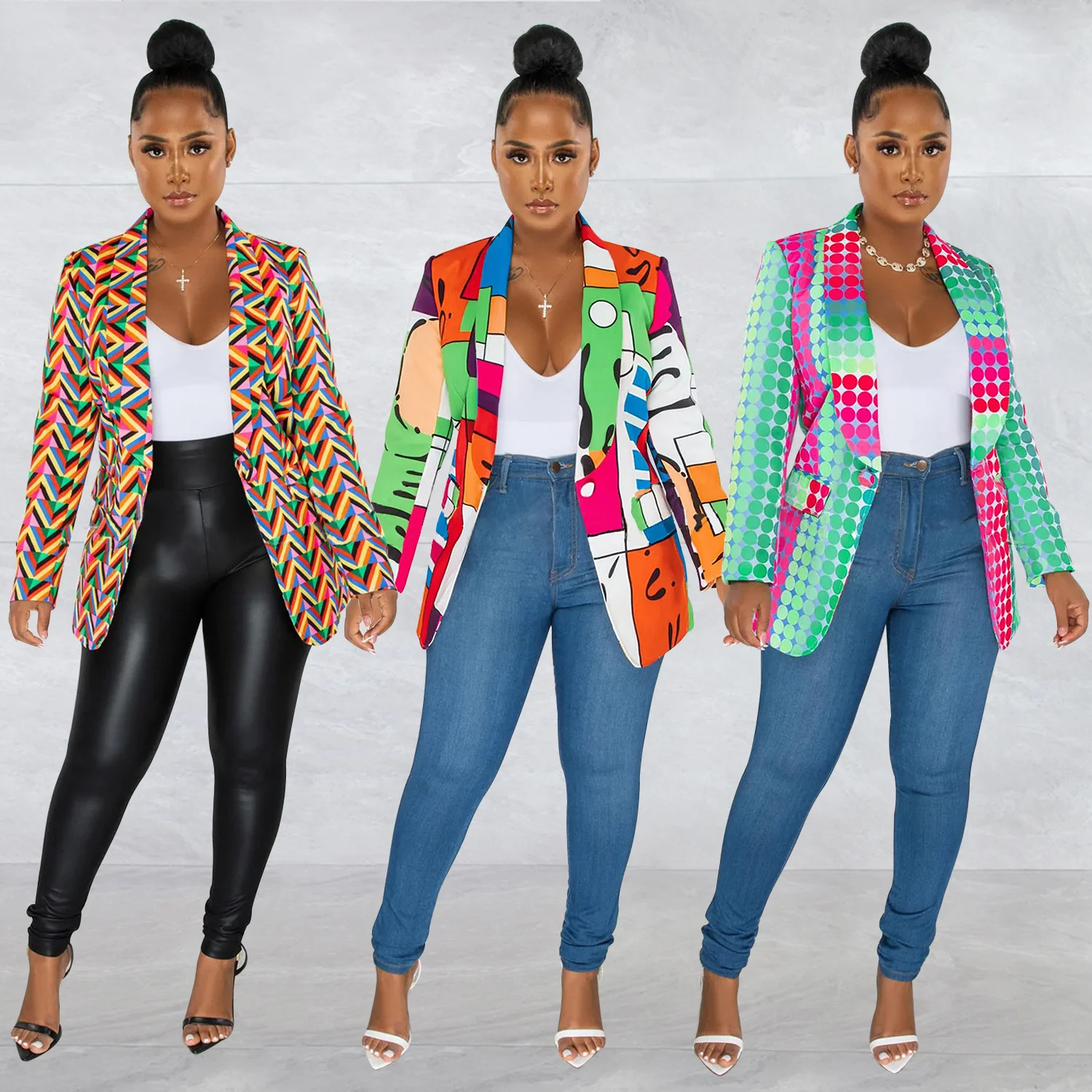 Womens Turn-Down Collar Long Sleeve Print Blazer Autumn Single Button Temperament Elegant Style Commuter jacket coats