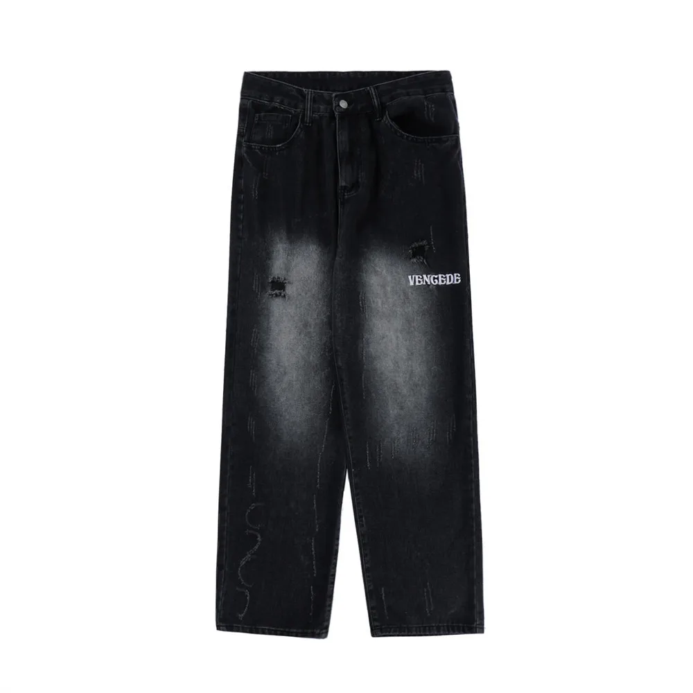 2023 Retro Pocket Letter Embroidery Ripped Casual Jeans Men Women Straight Harajuku Oversize Streetwear Loose Denim Trouser Blue