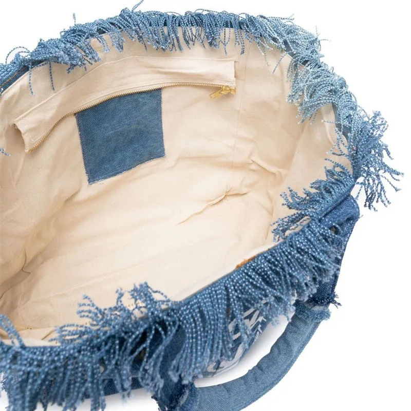 Europe And America Travel High Capacity Tote for Women's Bag New Handmade Tassel Handbag Fashion Printed Denim Tote Bags