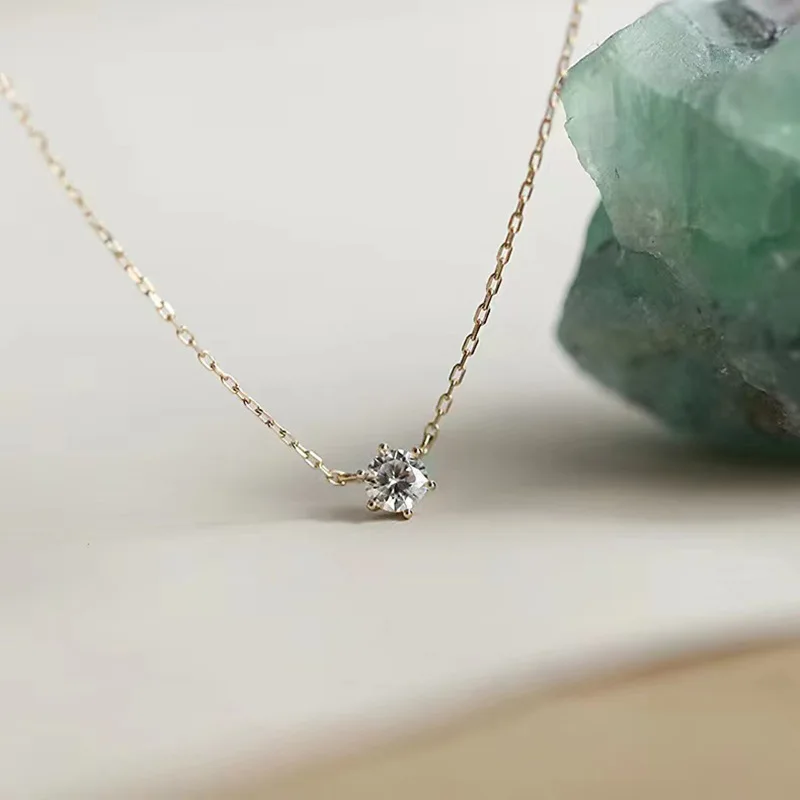 

S925 Silver Plated 24K Gold Pendant Versatile Single Diamond Collar Chain Six Claw Sterling Silver Necklace for Women