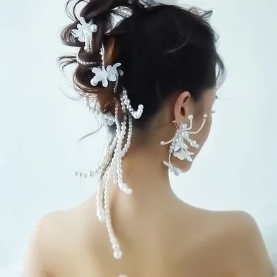 

Роскошные свадебные головные повязки с белыми цветами из пряжи для женщин корейские ручной работы жемчужные бусины головной убор серьги Св...