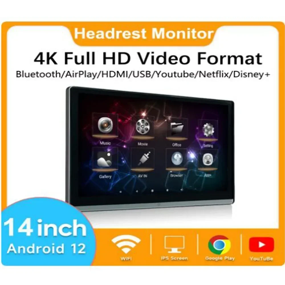 14'' Headrest Monitor Display Android 12 Touch Screen For Car Rear Seat Player Video Music FM Bluetooth AirPlay HDMI