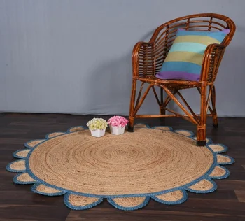 Round Jute Rug Beige with Sky Blue Border Scalloped Beautiful Design Rug Home Floor Decoration