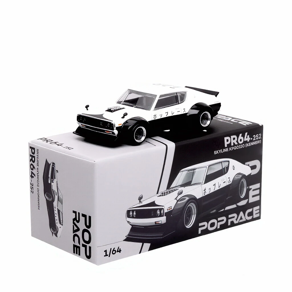 Фото В наличии: Коллекционная модель автомобиля POP RACE 1:64 Nissan Skyline KPGC110 (Kenmeri) в черно-белом дрифт-стиле, литая под давлением, PR640252 №2
