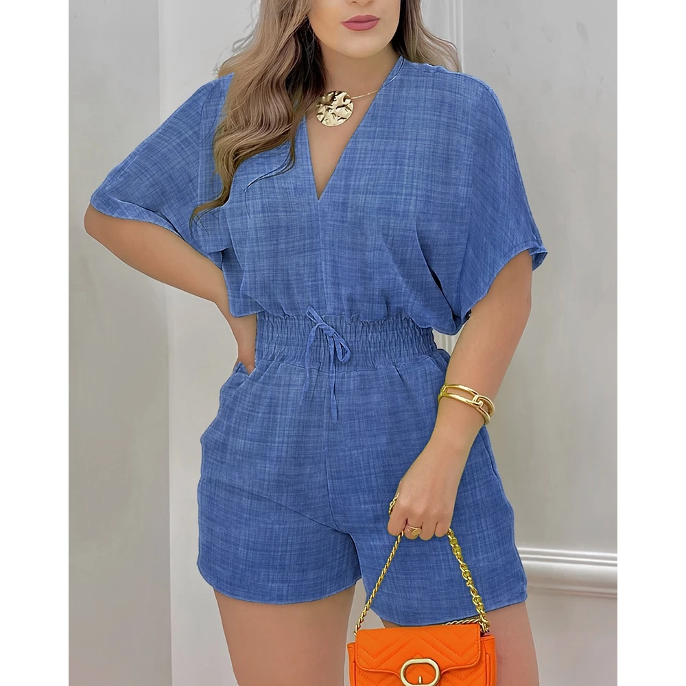 2023 Summer Women Abstract Geometric Print Batwing Sleeve Shirred Waist Romper Female V-Neck Ruched Short Sleeve Playsuit