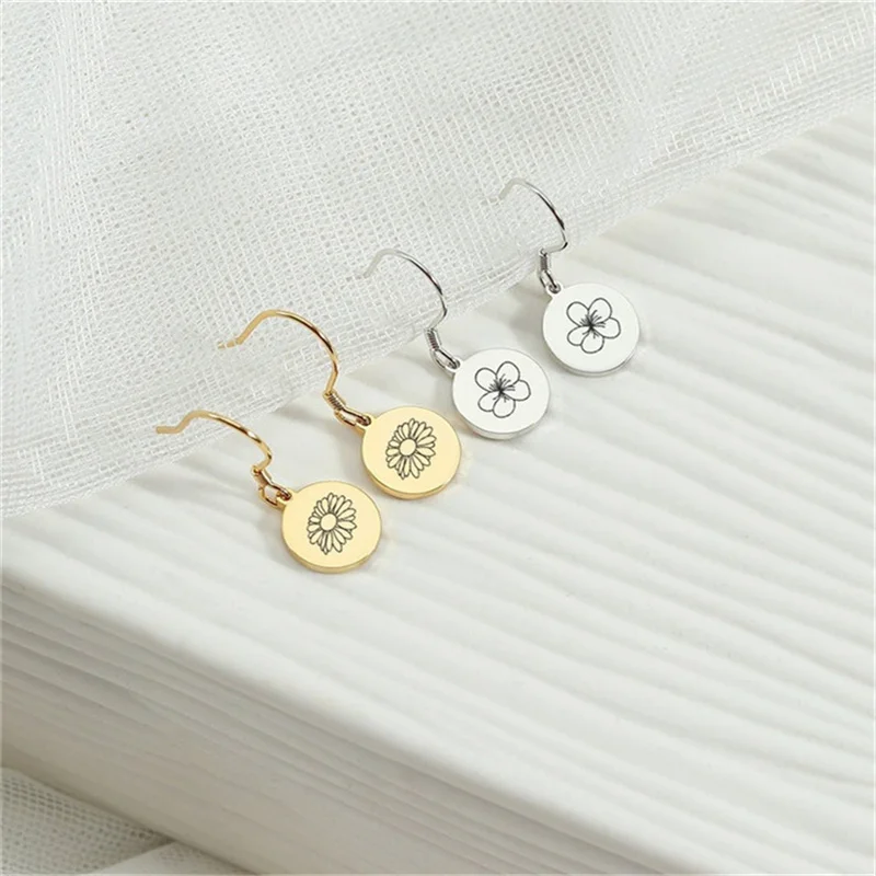 Customized Earring for Women Personalised Engraving Birthday Flower Stainless Steel Round Earring Jewelry Gifts Pendientes Mujer