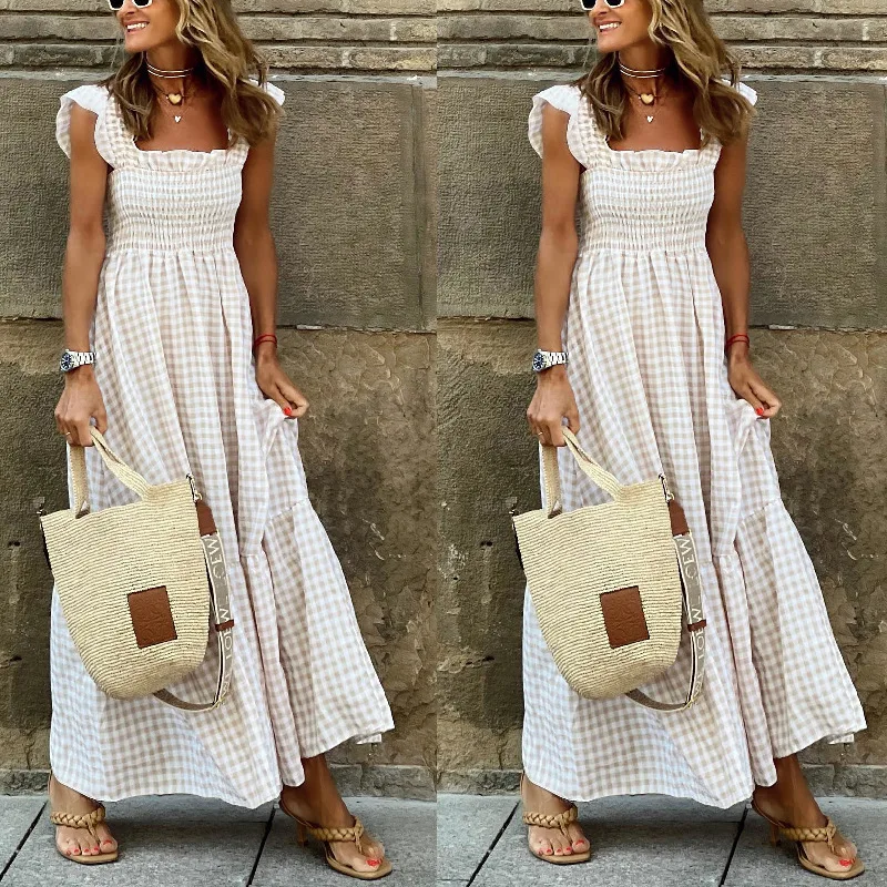 

Elegant Ladies Long Dress 2022 Summer Women's Collage Plaid Sling Elastic Swing Dresses