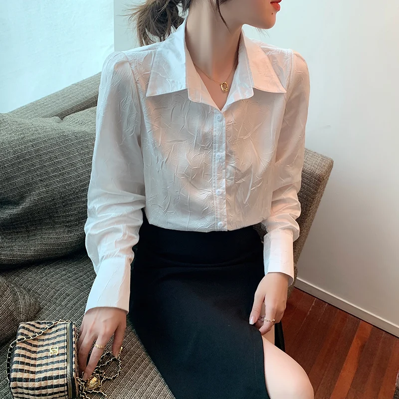 

2022 spring new Korean version of Joker embossed satin long sleeve shirt blouse is fashionable in spring, 66e,hai,0310-15