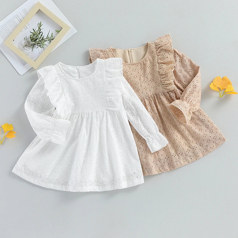 

Kids Baby Girl Lace A-Line Dress Fall Elegant Cutout Eyelet Long Sleeves Princess Dress for Toddler Spring Children's Clothing