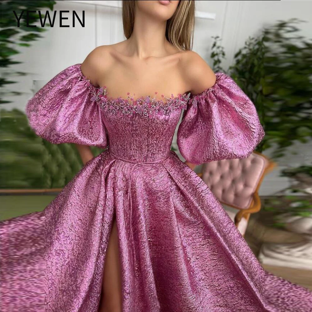 

Puffy Sleeves Prom Dresses Off The Shoulder Sexy Dubai Arabic Plus Size Oldrose Party Evening Gowns YEWEN
