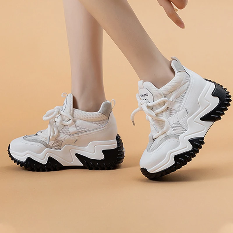 Fashion 7cm Genuine Leather Chunky Sneakers Current 2023 Mesh Female Summer Women Vulcanize Comfy Casual Lace Up Ladies Shoes