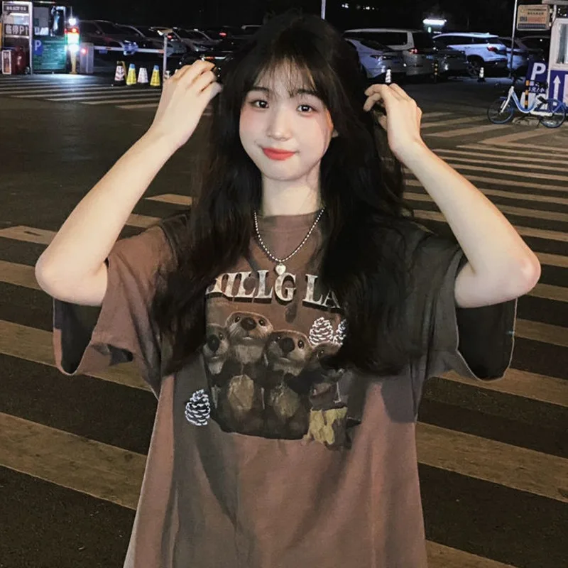

Pure Cotton Cute Cartoon Printed Short Sleeve T-shirt Female Student Summer Round Neck Fashion Vintage Loose Streetwear Top Girl