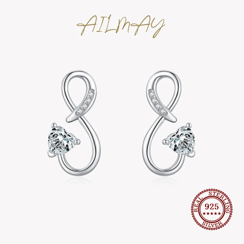 

Ailmay Real 925 Sterling Silver Charm Infinite Love Dazzling Heart CZ Stud Earrings For Women Romantic Wedding Statement Jewelry