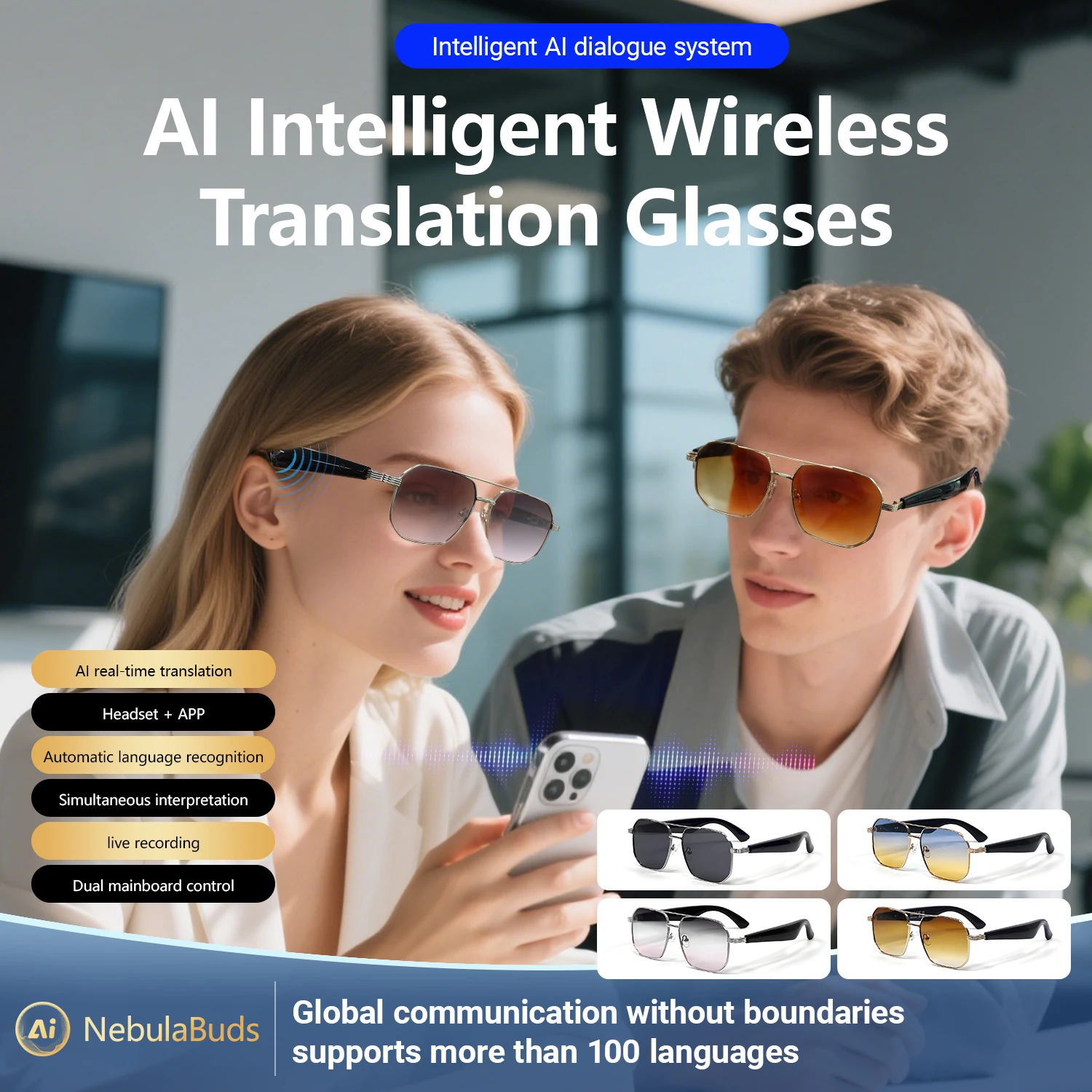 Фото LIGE новые умные Bluetooth-переводчики с искусственным интеллектом, 100 языков, музыкальная гарнитура, голосовой помощник, солнцезащитные очки с беспроводным вызовом №3