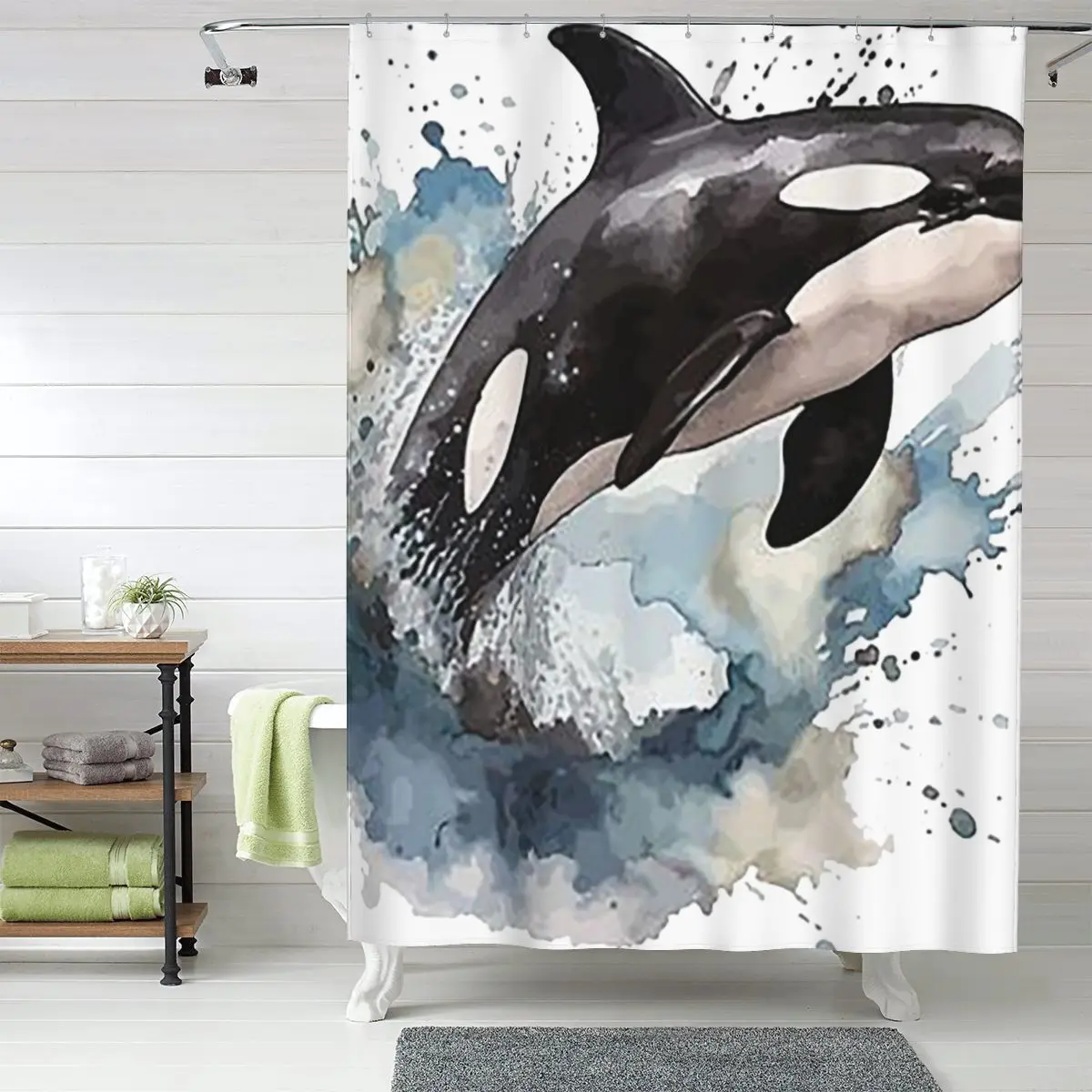 Фото Занавеска для душа Orca Aquatic Sea Ocean Killer Whale, полиэстеровая, водонепроницаемая, для ванной комнаты, с крючками №1