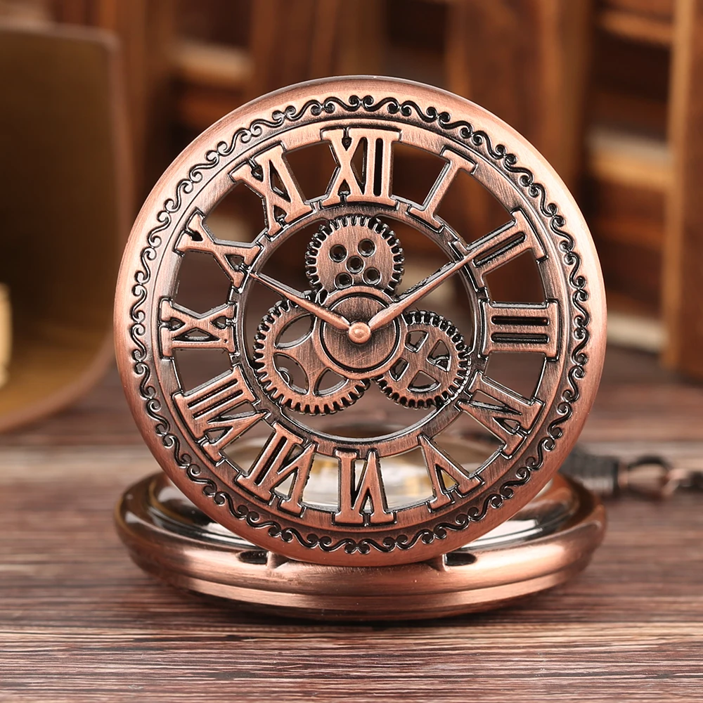 Rose Gold Gearwheel Roman Numerals Skeleton Manual Mechanical Pocket Watch Fob Chain Steampunk Vintage Pocket Timepiece Male