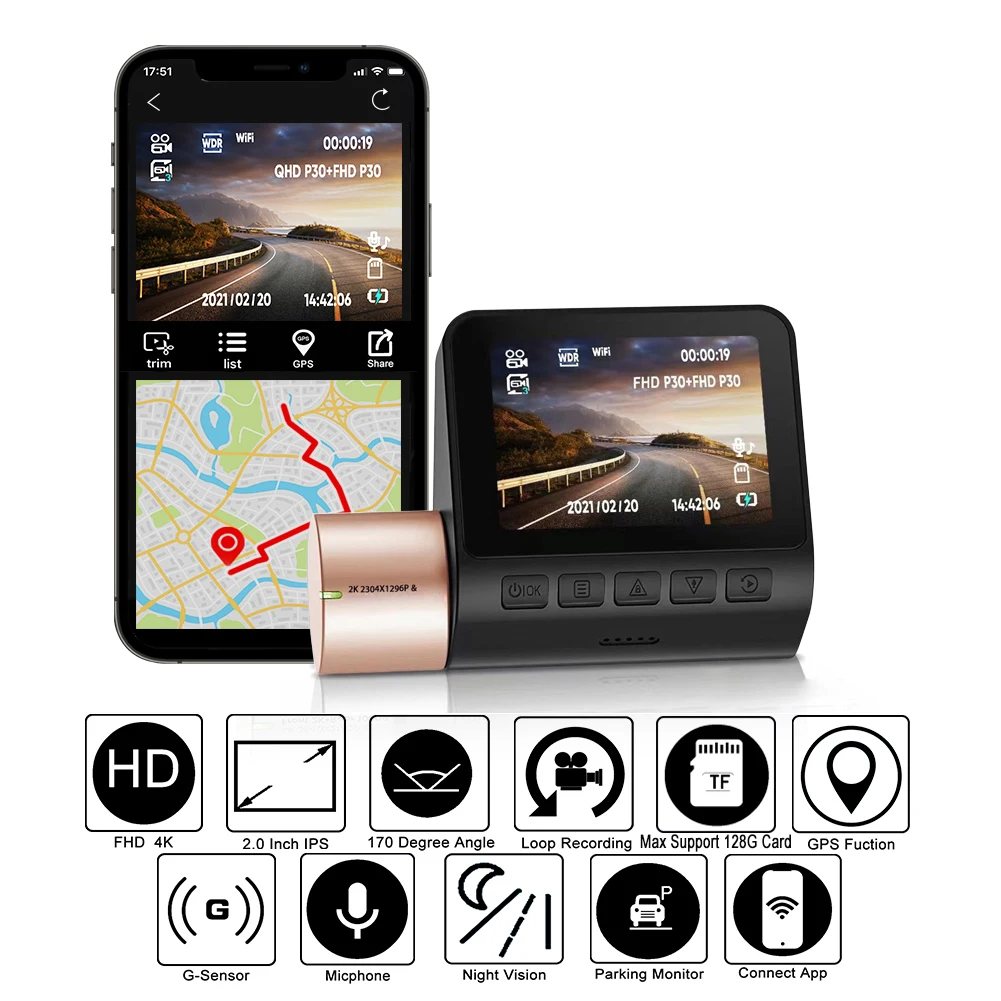 Автомобильный видеорегистратор 2K с двумя камерами, 2,0 дюйма, ЖК-дисплей, Wi-Fi, 24 часа, поддержка парковки, GPS-трек, 2304*1296P, широкий угол обзора 170 °, Автомобильный регистратор