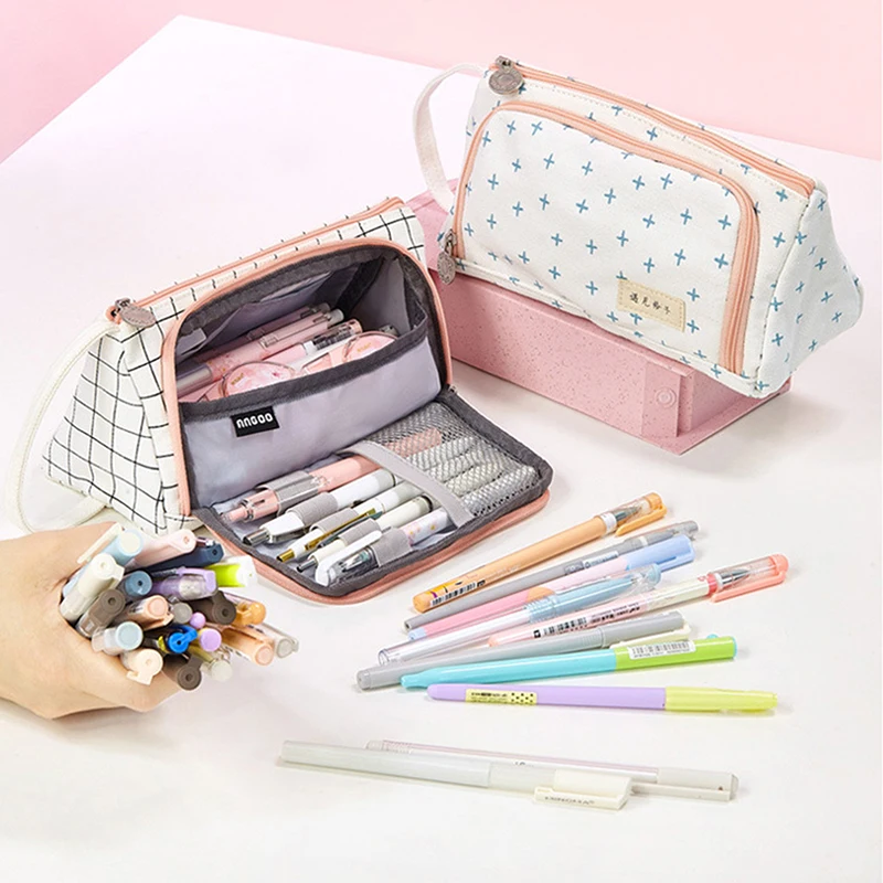 

Plaid Pencil Case Bag Multi Layer Large Capacity Storage Bag Stationary Pen Holder Organizer Student Pencil Case School Supplies
