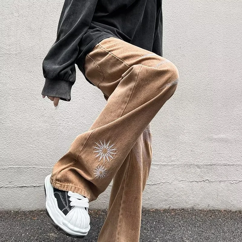 DEEPTOWN Vintage Straight Jeans Men Streetwear Loose Denim Pants Casual Hip Hop Trousers Male Retro Embroidery Fashion Spring