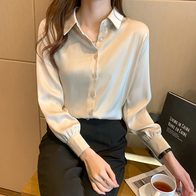 Женская атласная блузка с длинным рукавом Однотонная рубашка лацканами в
