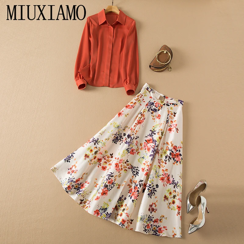 

MIUXIMAO 2022 High Quality Spring&Summer Elegant Set Long Sleeve Lapel Solid Shirt + Print Skirt Fashion Sets Women Vestides