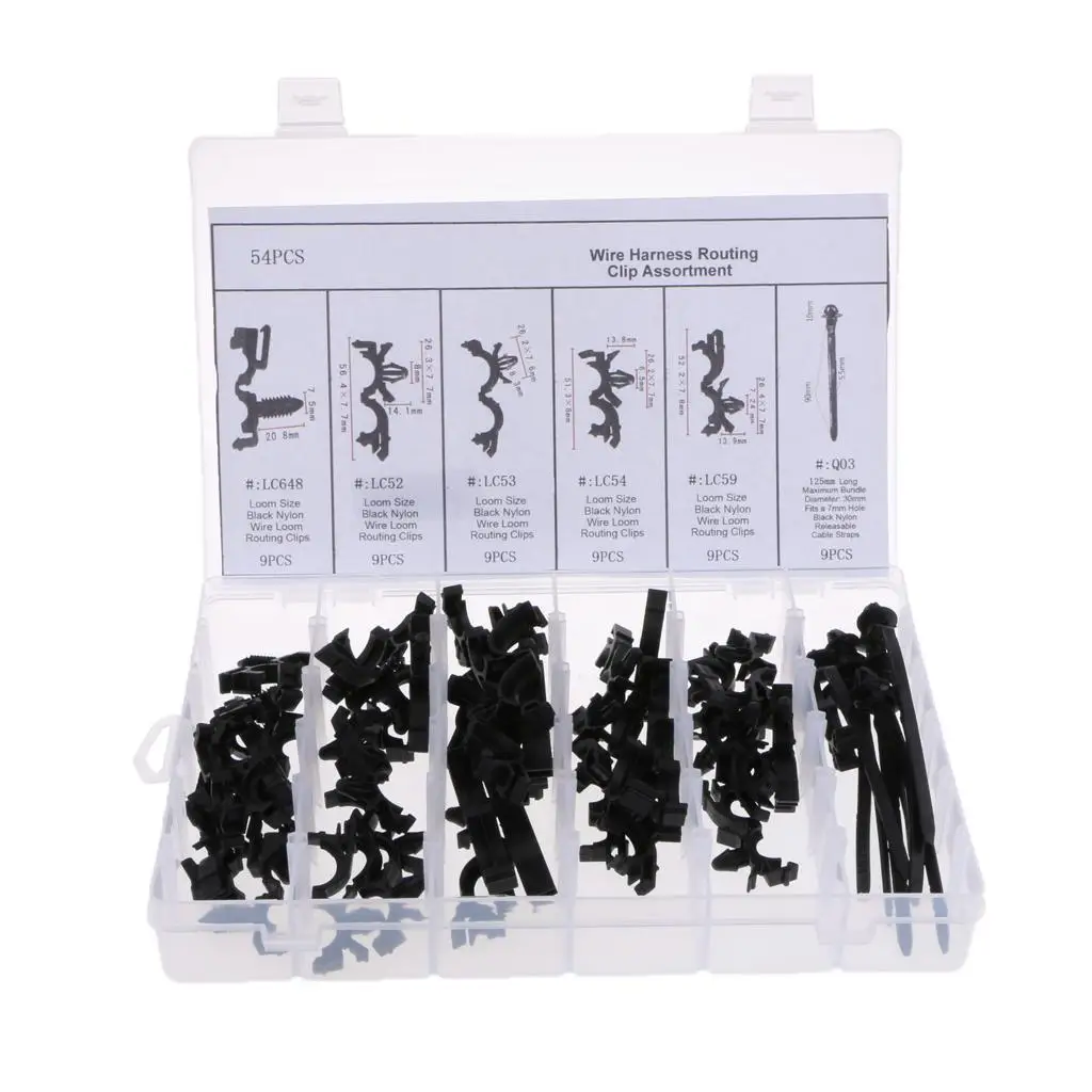 

54 Piece Car Rod Wire Cable Loom Routing Clip Nylon Clamp with Portable Case