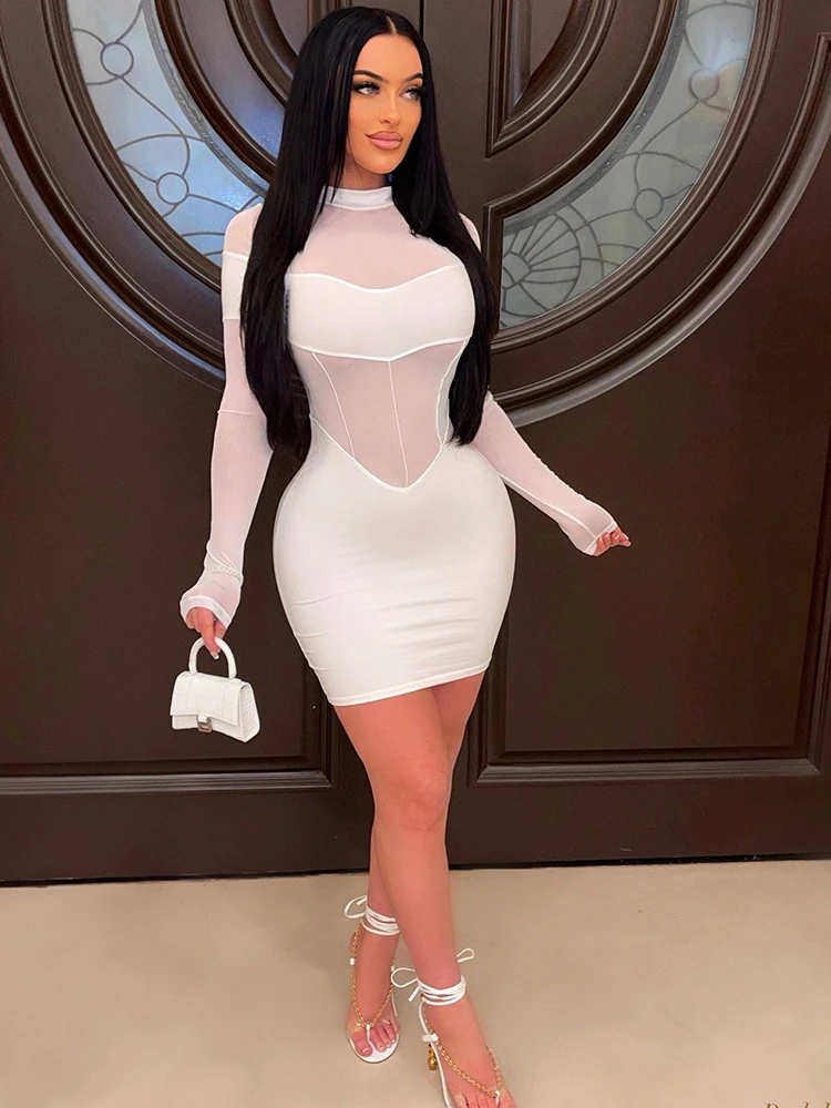 

Соблазнительные однотонные облегающие мини-платья habmingс длинным рукавом и О-образным вырезом, клубный наряд для женщин 2023, сетчатые Лоскутн...