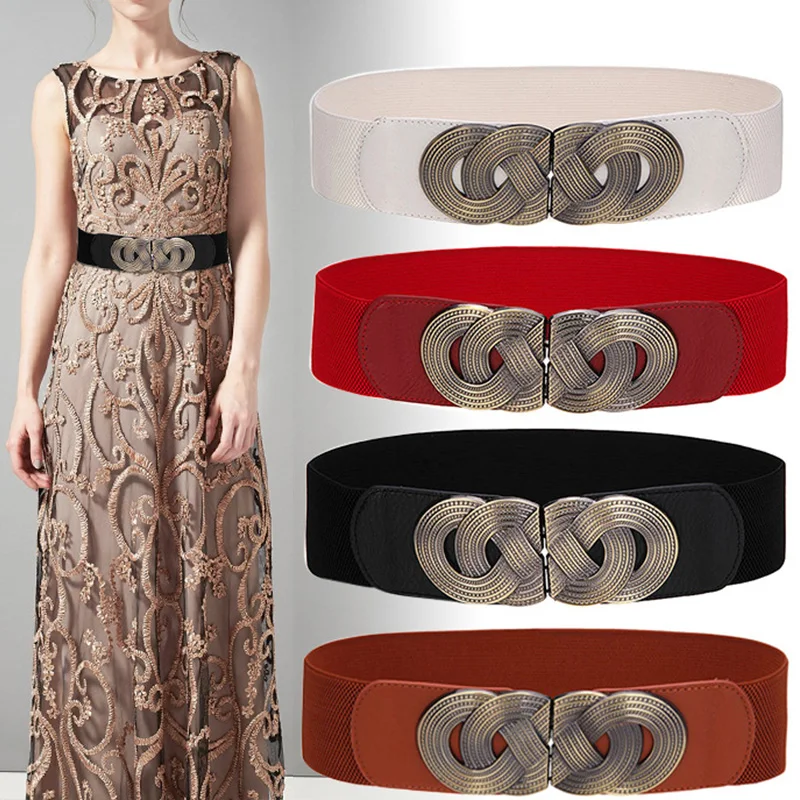 

4 types New Women Elastic Wide Belt Thick Vintage Totem Print Stretch Leather Waist Belt For Dress Corset Cinch Waistband