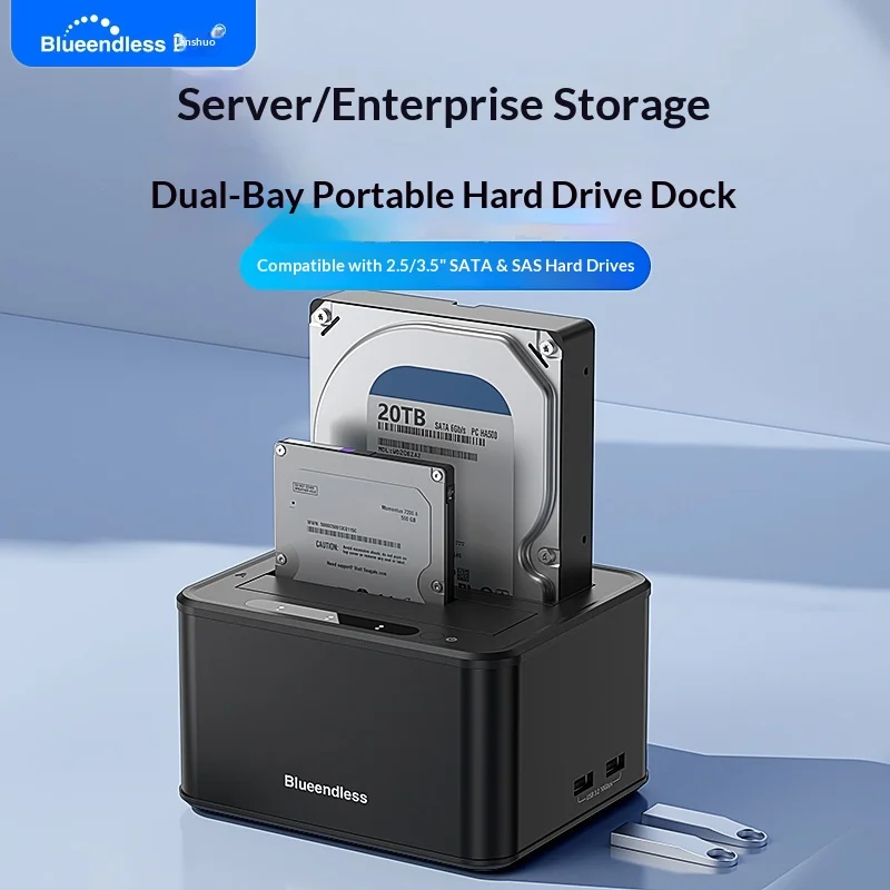 Фото Док-станция Blueendless Dual Bay для жестких дисков 2.5/3.5 дюйма SATA/SAS HDD/SSD, USB 3.2 5 Гбит/с, внешний корпус для HDD до 40 ТБ №2