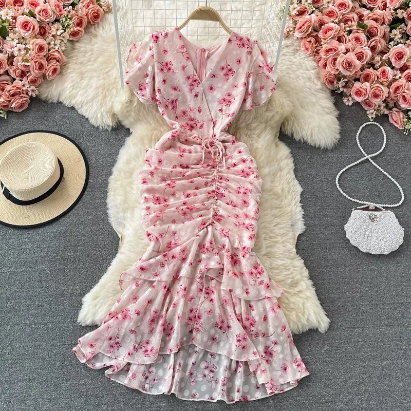 

2022 Retro Gentle Ruffled Fishtail Dress Women Puff Sleeve Slim Waist Fashion Robe V-neck Floral Print Chiffon Vestido Mujer