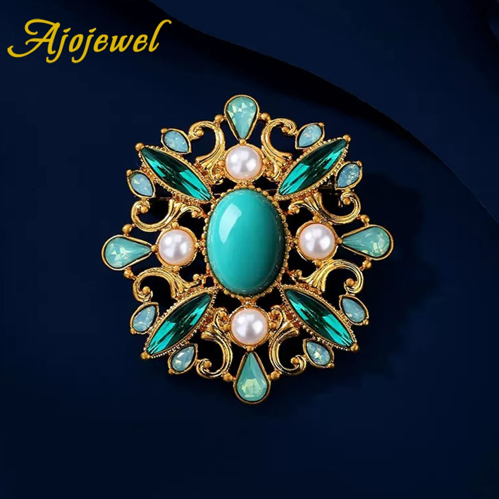 

Ajojewel Vintage Baroque Brooch Palace Stylish Costume Jewelry Green Acrylic Crystal Brooches Pins With Pearls Gift For New 2023