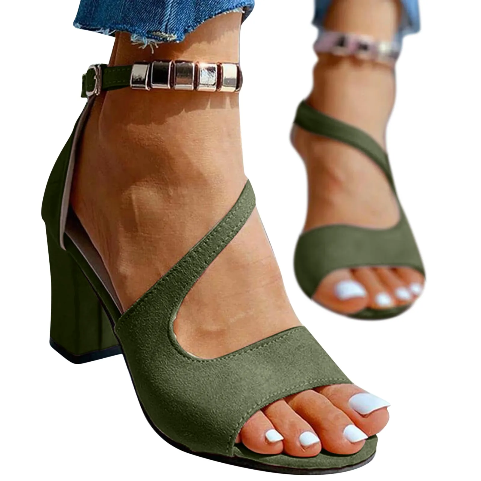 

Women Ankle Strap Sandals Peep Toe High Heels 2022 Rome Summer Women's Thick Heel Comfortable Shoes Ladies Fashion PU Footwear