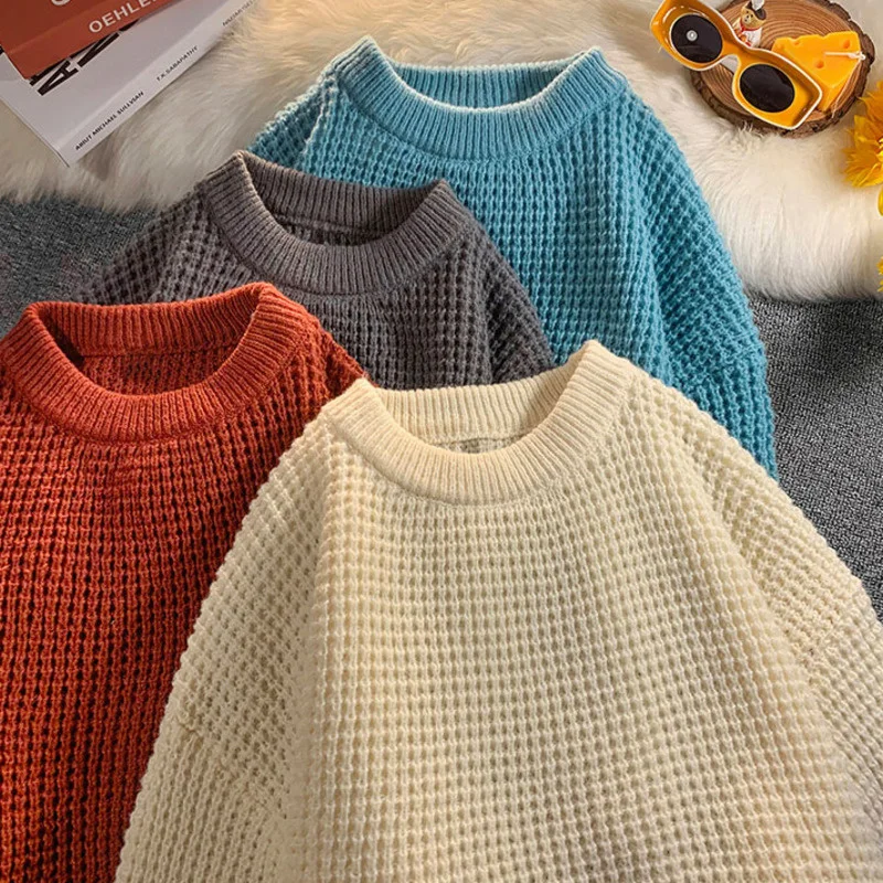 

Men's Waffle Sweaters Round Neck Solid Color Korean Style Male Knitted Pullovers Loose Casual Winter Knitwear