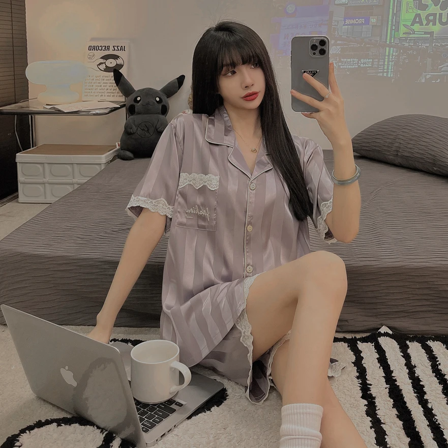 CAIYIER Summer Solid Color Stripe Couple Pajamas Set Cardigan Short Sleeve Shorts Sleepwear Casual Women Men Silk Soft Nightwear