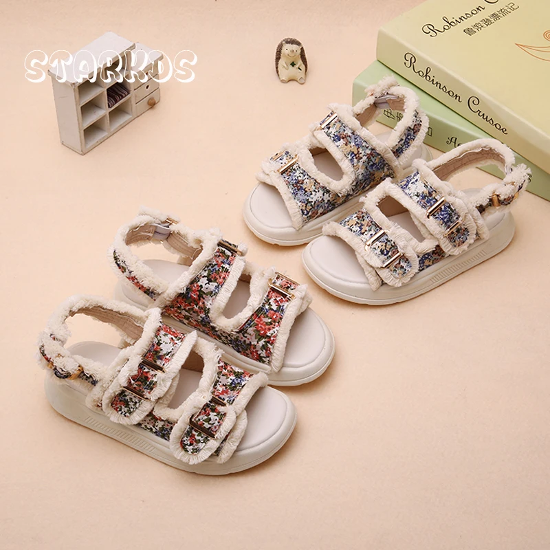 Sweet Floral Print Fringe Sandals Girls Thick Sole Buckle Strap Tassels Sandalias Kids Summer Casual Canvas Shoes