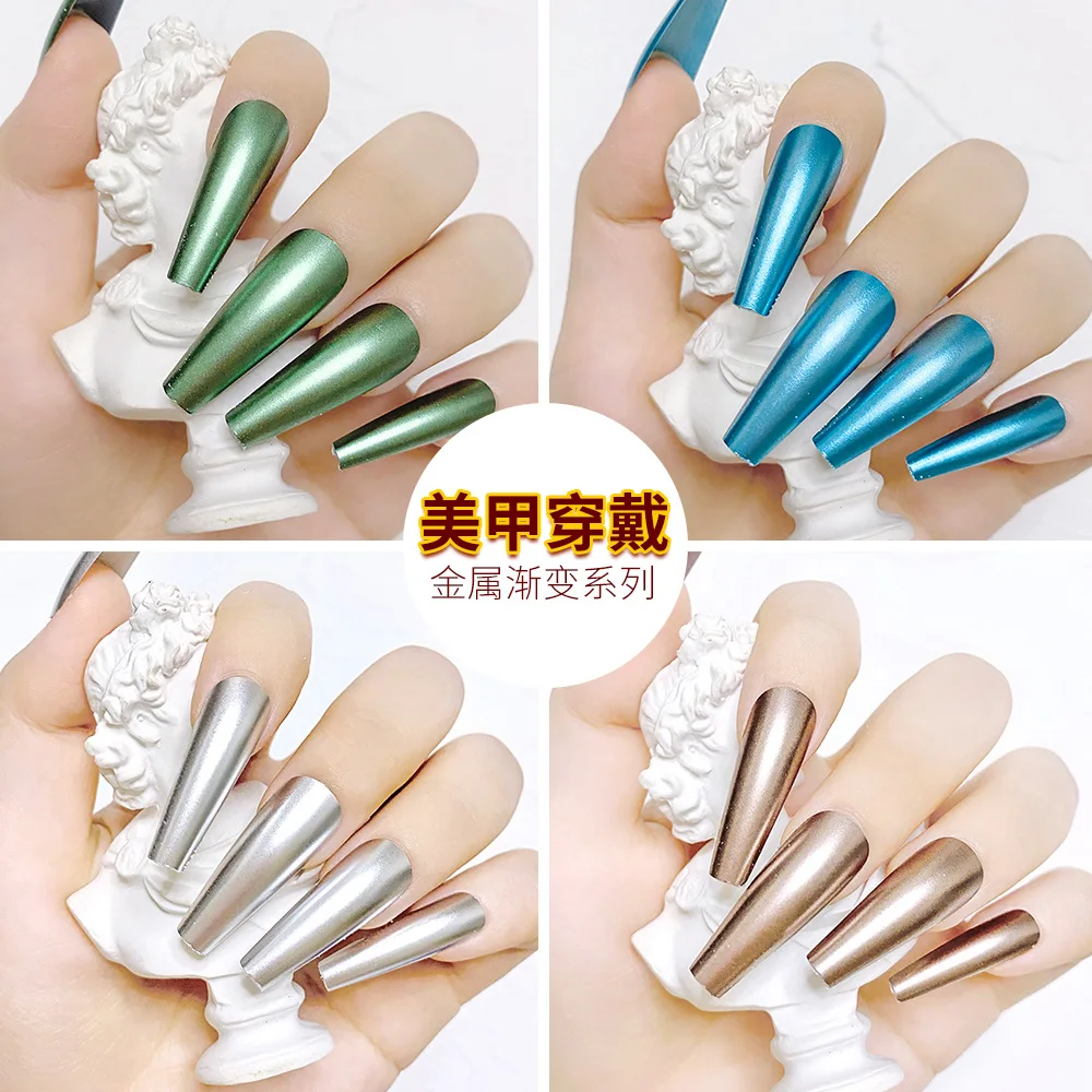 

24PCS/BOX Metallic Luster Gradient Finished Long Ballet Coffin Full Length Press On False Nail Tips Manicure Fake Fingernails
