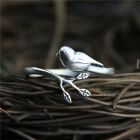 925 sterling silver female sweet ring finger retro bird leaf elegant gray circle ring for woman girl fashion animal jewelry
