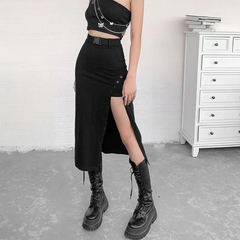 

Dark Goth Gothic High Waist A-Line Black Midi Skirts Mall Goth Y2k Punk Style Women Sexy Slit Side Buckle Front Skirt Clubwear