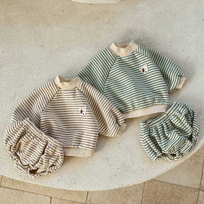 

MILANCEL New Winter Baby Clothes Set Toddler Fleece Stripe T-shirt+Big PP Pants Suit Infant Thicken 2 PCS