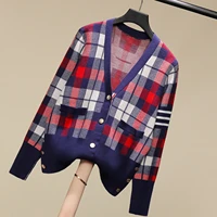 early autumn tb british contrast color plaid knitted cardigan womens slim fit and thin niche v neck design sweater jacket