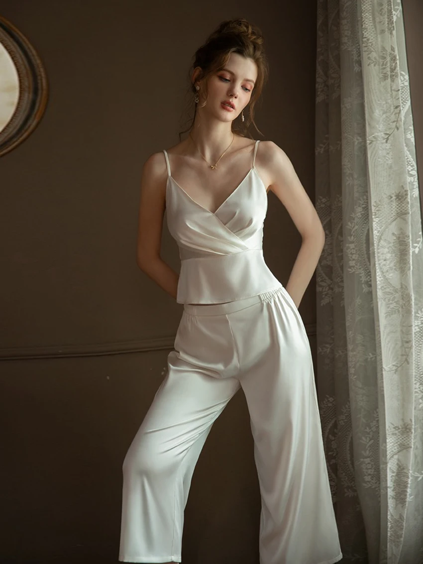 

Marthaqiqi Casual White Ladies Sleepwear 2 Piece Set Sexy Spaghetti Strap Nightwear Backless Nightgowns Pants Women Home Clothes