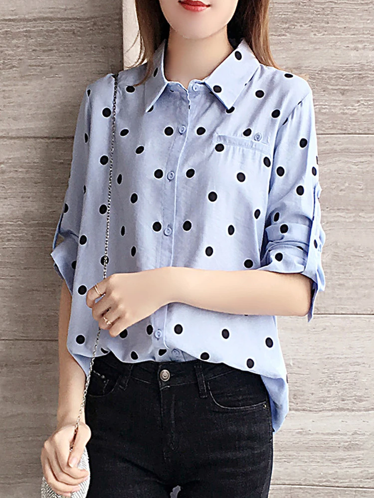 

Женский топ в горошек, Свободная шифоновая рубашка с длинным рукавом и регулируемым рукавом, Офисная Стильная топ с отворотом, лето 2021