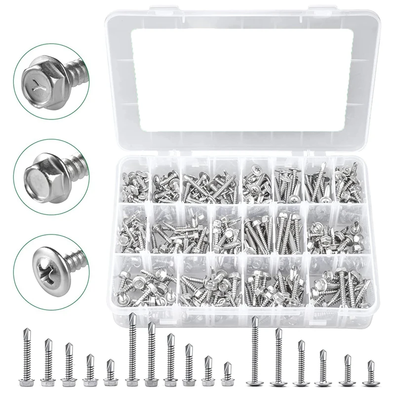 

Self Tapping Screws,410 Stainless Steel 325 Pieces 8 10 Hex Washer Head & Wafer Head Self Drilling Screw Assortment Kit