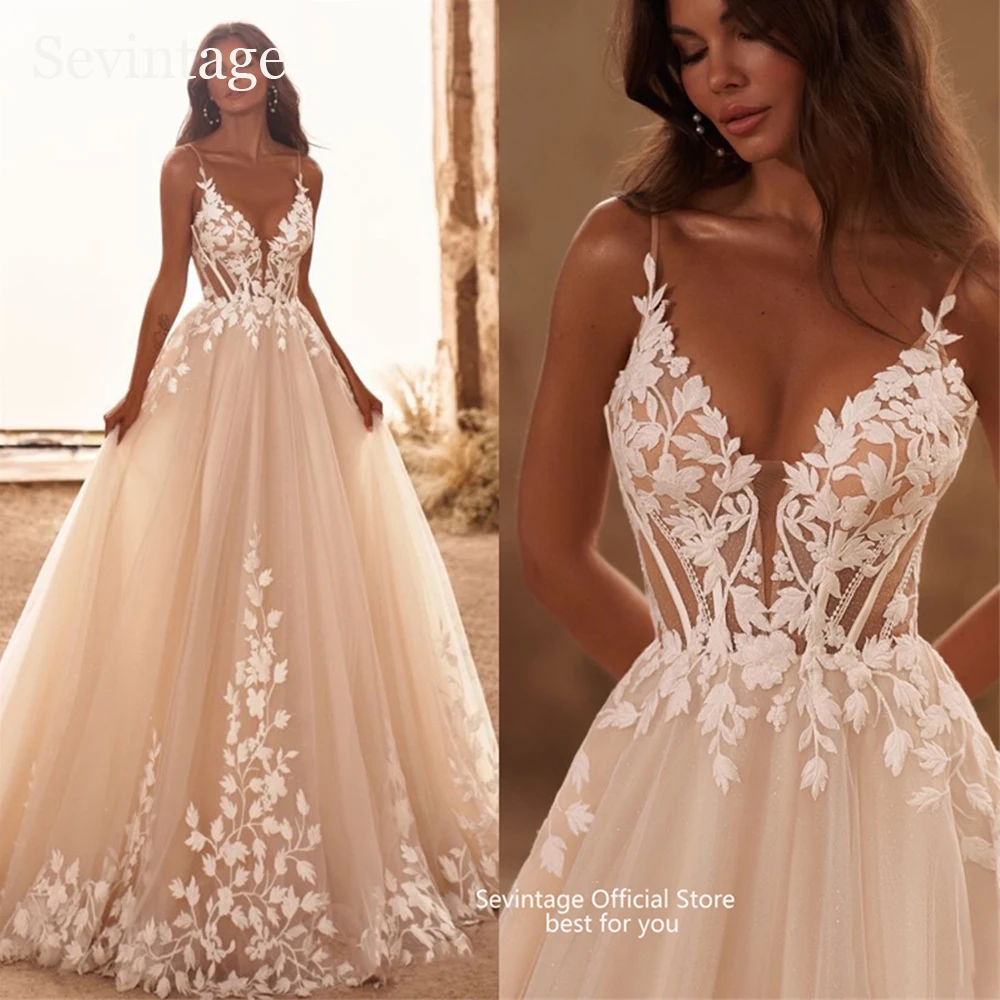 Sevintage Boho V-Neck Wedding Dresses Spaghetti Straps Appliques Corset Tulle Bridal Gowns Lace Floor Lenghth vestidos Customize