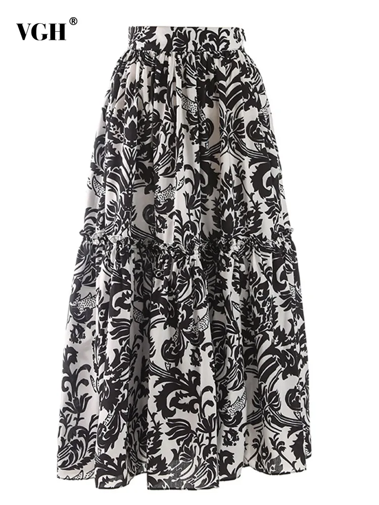 

VGH Loose Hit Color Printing Casual Skirts For Women High Waist Folds Temperament A Line Skirt Female Fashion Clothing 2023 New