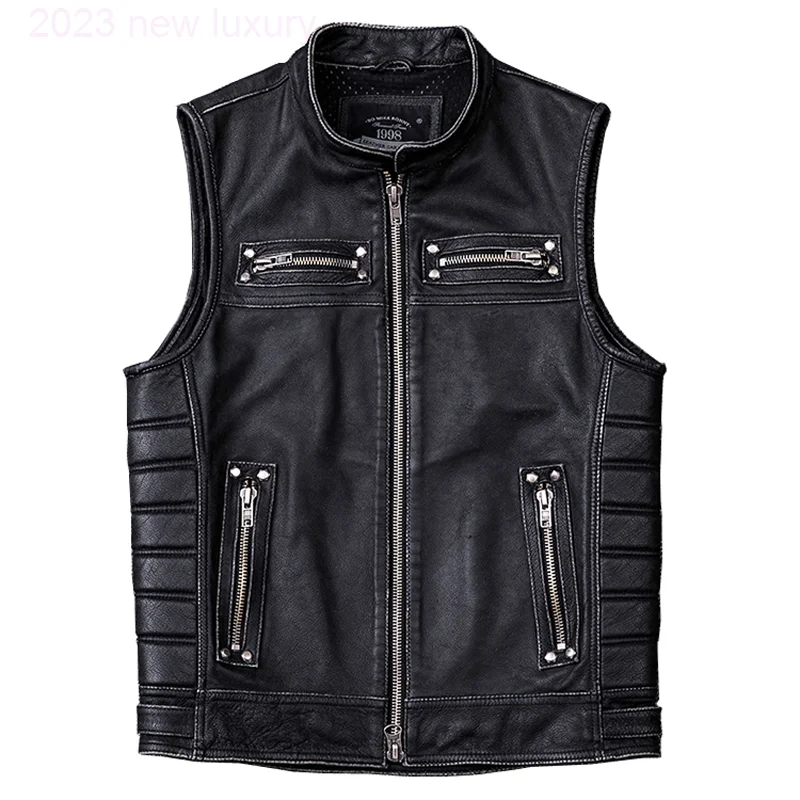 

Free Shipping DHL Vintage Edging Black Motorcycle Leather Vest Men 100% Calf Skin Vests Man Biker Waistcoat Sleeveless Jacket