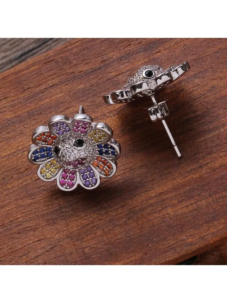 

1pair Micro Pave Rainbow Cz Crystal Flower Stud Earrings Happy Face Girlfriend Gift Gold Color Hip Hop Men Women Hip Hop Jewlry