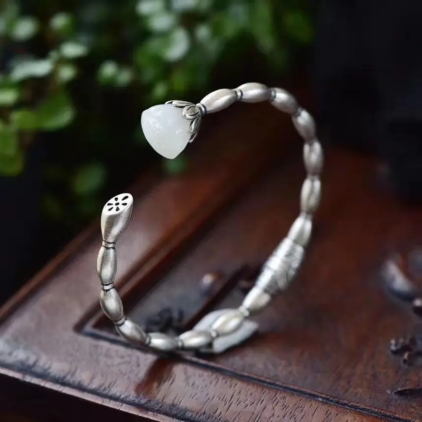 

Дизайнерский оригинальный новый браслет из натурального нефрита с корнем лотоса, изысканный элегантный роскошный женский серебряный брас...