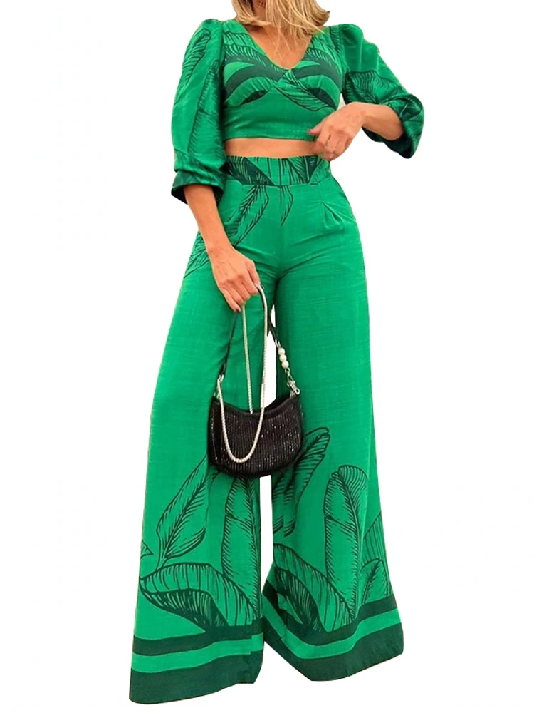 

2 Two Piece Set Leaves Print 3/4 Sleeve Blouse Tops And Pant Suits Summer Autumn Women Set Sheath Matching Fashion Outfit