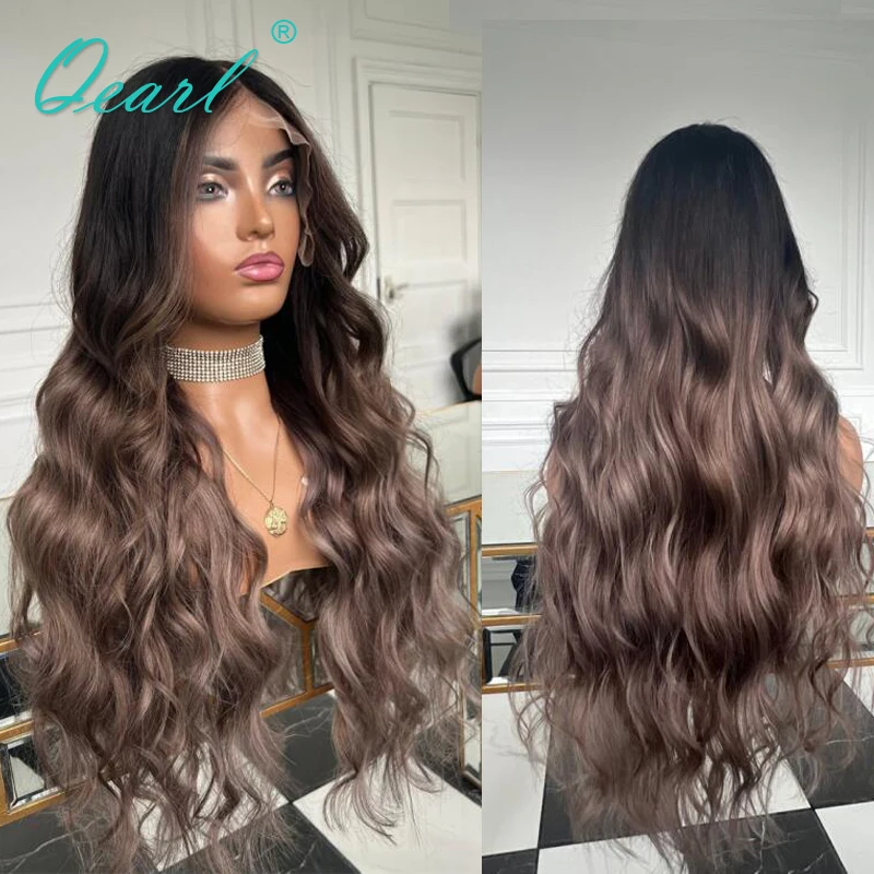 Human Woman Hair Wigs Loose Wave Full Lace Wig Ombre DArk Ash Brown 360 Glueless Lace Frontal Wigs Pre Plucked Small Heads Qearl